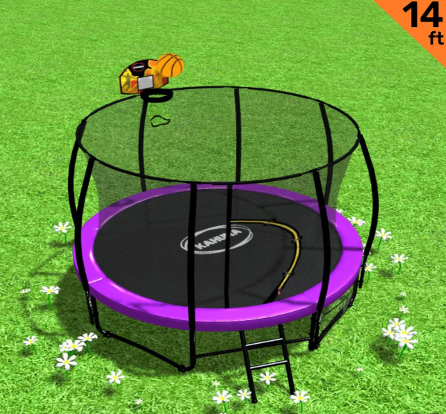 Kahuna 14ft Outdoor Trampoline Kids Children With Safety Enclosure Pad Mat Ladder Basketball Hoop Set - Purple