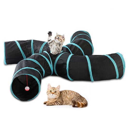 Black and blue cat tunnel toy with two cats interacting on a white background