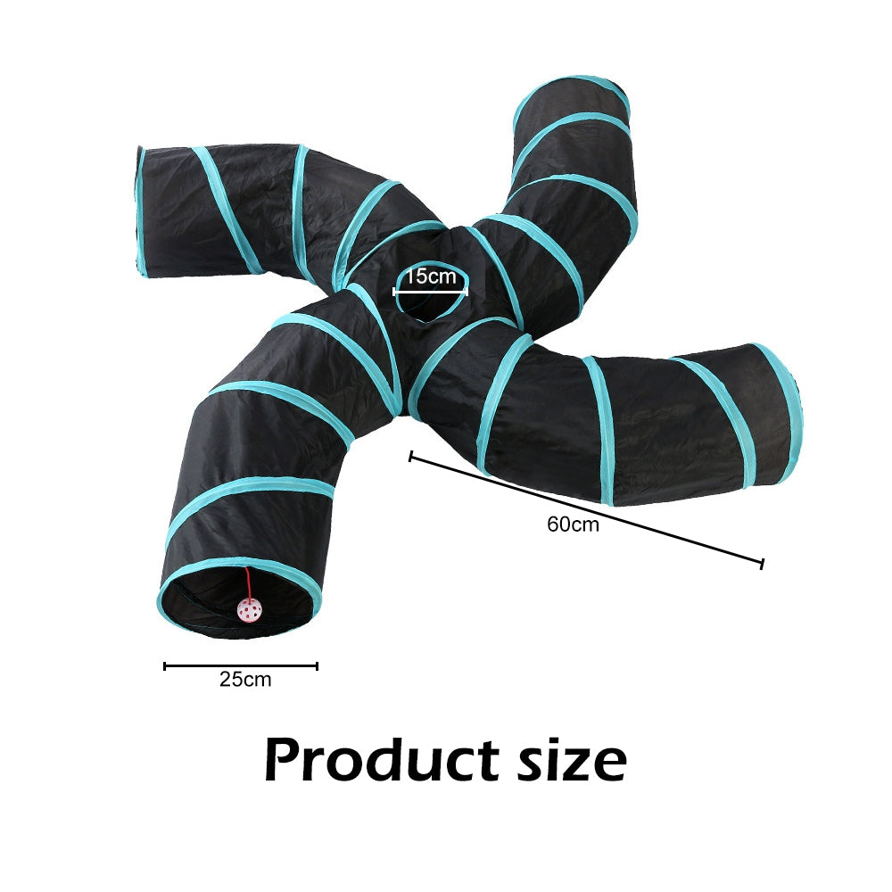 Black and blue pet tunnel with measurements on a white background