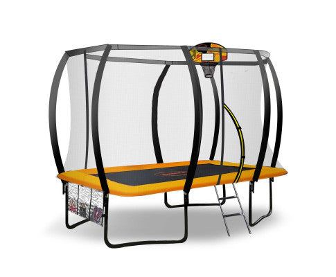 Kahuna 8ft X 11ft Outdoor Rectangular Orange Trampoline With Safety Enclosure And Basketball Hoop Set.