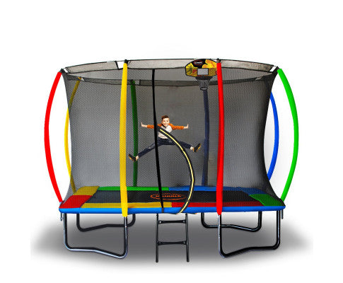 Kahuna 8ft x 11ft Outdoor Rectangular Rainbow Trampoline With Safety Enclosure And Basketball Hoop Set.