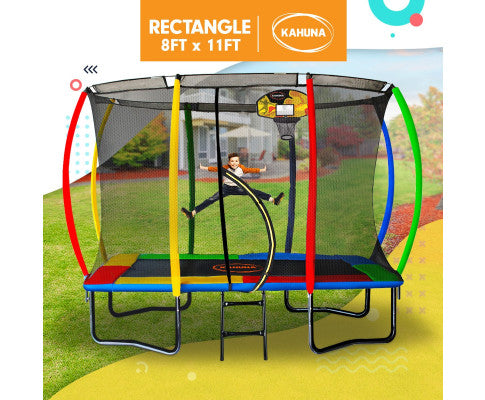 Kahuna 8ft x 11ft Outdoor Rectangular Rainbow Trampoline With Safety Enclosure And Basketball Hoop Set.