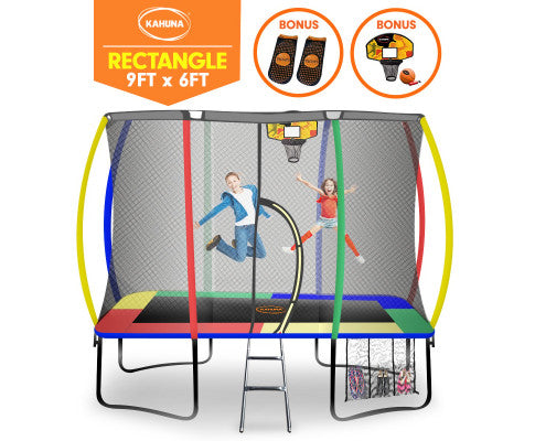 Kahuna 6ft X 9ft Outdoor Rectangular Rainbow Trampoline Safety Enclosure And Basketball Hoop Set