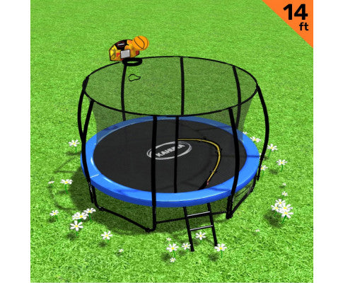Kahuna 14ft Outdoor Trampoline Kids Children With Safety Enclosure Pad Mat Ladder Basketball Hoop Set - Blue