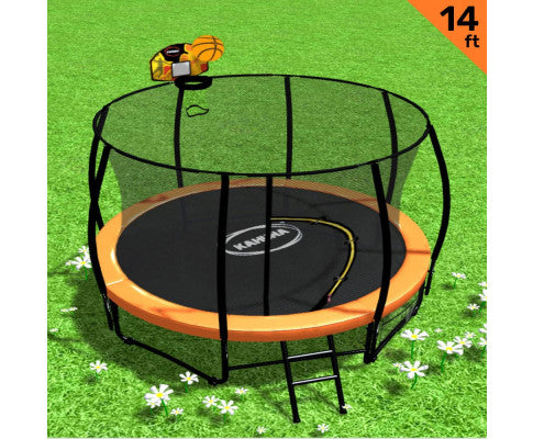 Kahuna 14ft Outdoor Trampoline Kids Children With Safety Enclosure Pad Mat Ladder Basketball Hoop Set - Orange