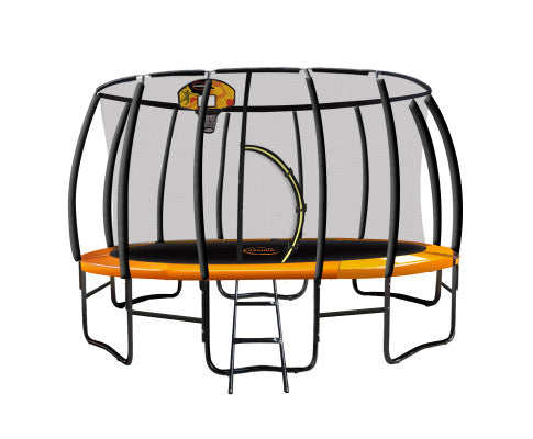 Kahuna 14ft Outdoor Trampoline Kids Children With Safety Enclosure Pad Mat Ladder Basketball Hoop Set - Orange