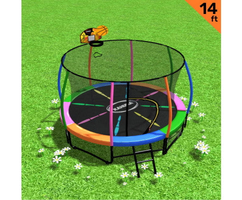 Kahuna 14ft Outdoor Trampoline Kids Children With Safety Enclosure Pad Mat Ladder Basketball Hoop Set - Rainbow