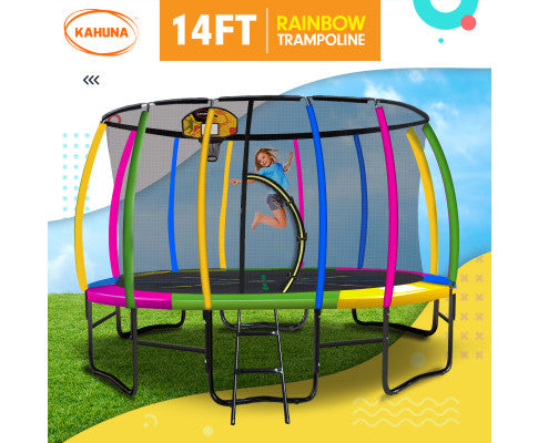 Kahuna 14ft Outdoor Trampoline Kids Children With Safety Enclosure Pad Mat Ladder Basketball Hoop Set - Rainbow