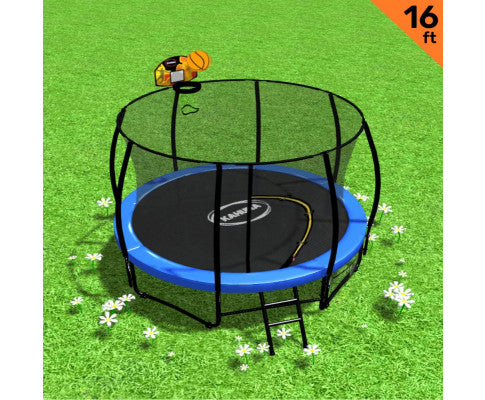 Kahuna 16ft Outdoor Trampoline Kids Children With Safety Enclosure Pad Mat Ladder Basketball Hoop Set - Blue
