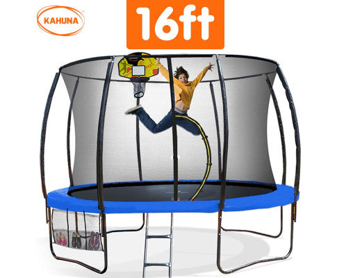 Kahuna 16ft Outdoor Trampoline Kids Children With Safety Enclosure Pad Mat Ladder Basketball Hoop Set - Blue
