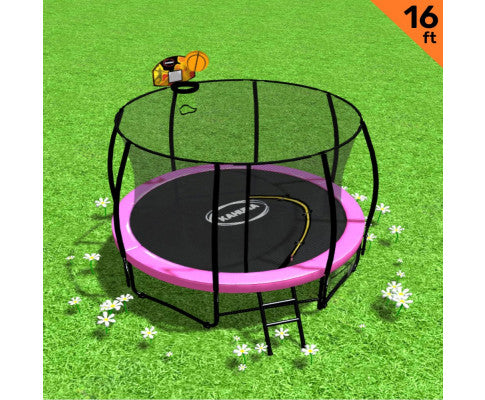 Kahuna 16ft Outdoor Trampoline Kids Children With Safety Enclosure Pad Mat Ladder Basketball Hoop Set - Pink