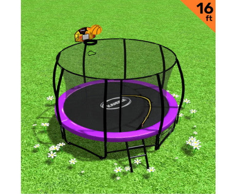 Kahuna 16ft Outdoor Trampoline Kids Children With Safety Enclosure Pad Mat Ladder Basketball Hoop Set - Purple