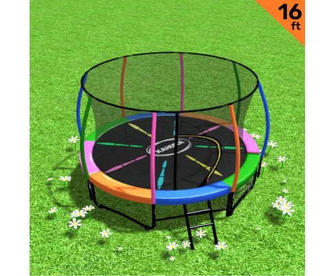 Kahuna 16ft Trampoline Free Ladder Spring Mat Net Safety Pad Cover Round Enclosure - Rainbow
