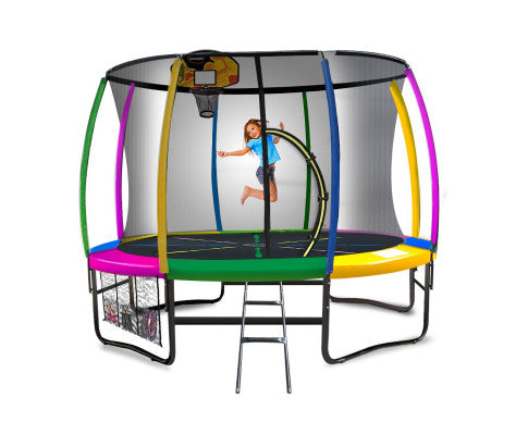 Kahuna 16ft Outdoor Trampoline Kids Children With Safety Enclosure Pad Mat Ladder Basketball Hoop Set - Rainbow
