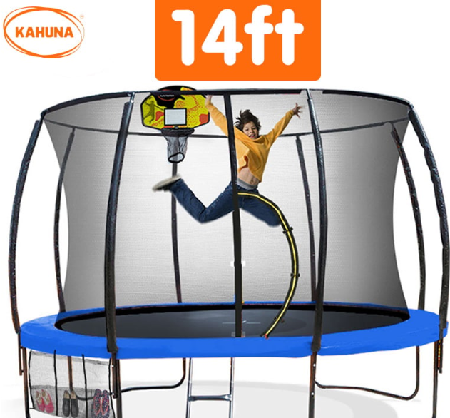 Kahuna 14ft Outdoor Trampoline Kids Children With Safety Enclosure Pad Mat Ladder Basketball Hoop Set - Blue