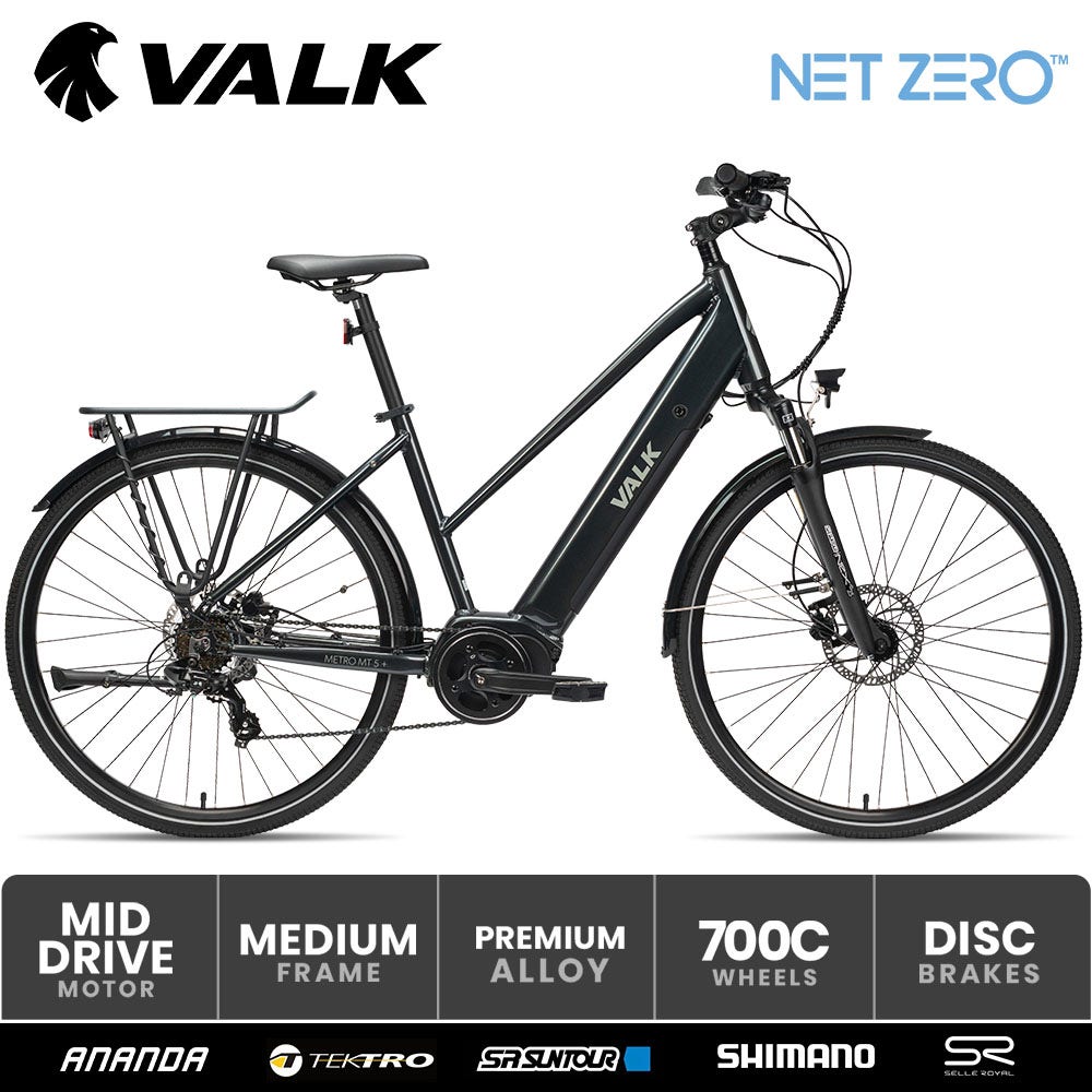VALK Metro MT 5 + Electric Hybrid Bike, Mid-Drive, Mixte Frame, Medium, Dark Grey