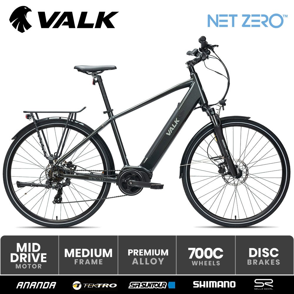 VALK Metro TR 5 + Electric Hybrid Bike, Gen II, Mid-Drive, Large, Dark Grey