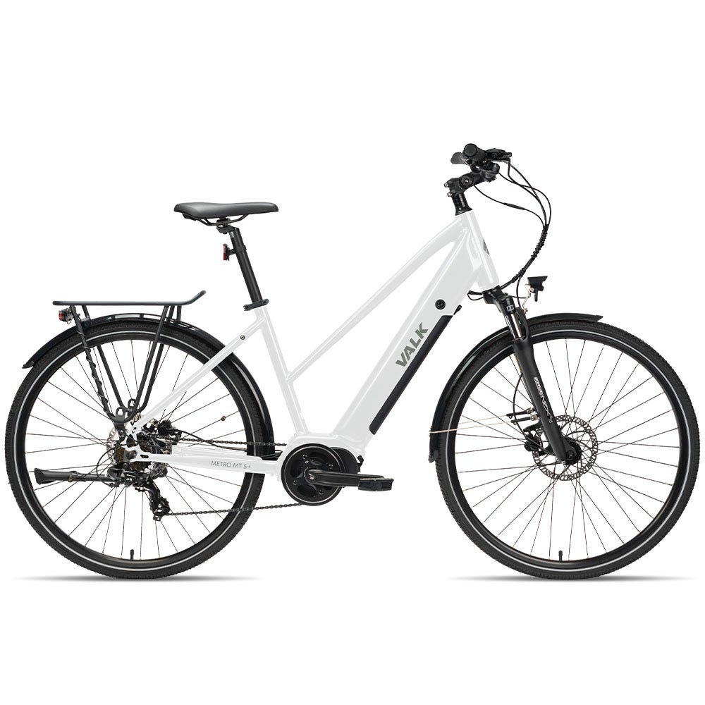 VALK Metro MT 5 + Electric Hybrid Bike, Mid-Drive, Mixte Frame, Medium, White