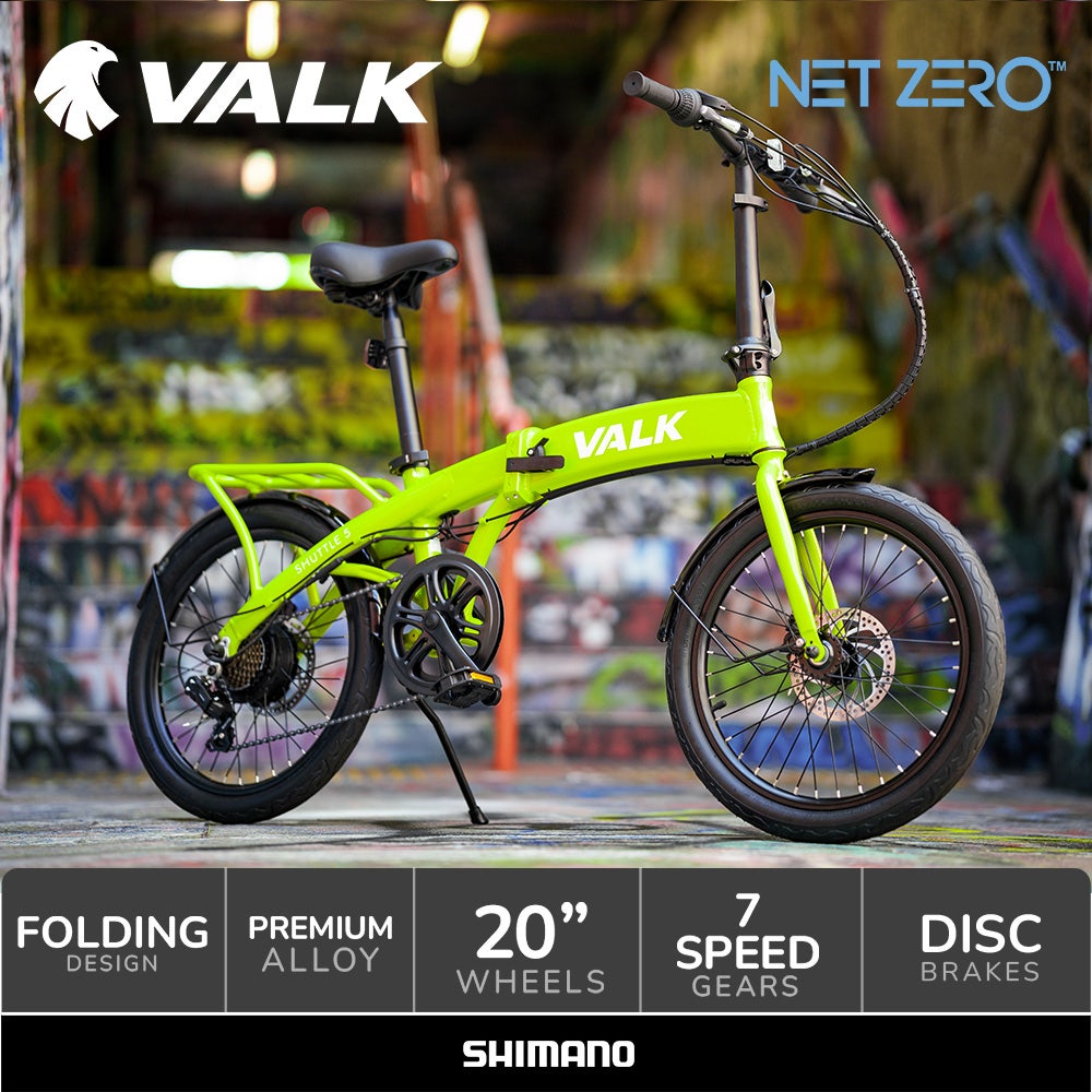 VALK Shuttle 5 Electric Folding Bike, Gen II, 20" Tyres, Shimano 7-Speed, Lime Green