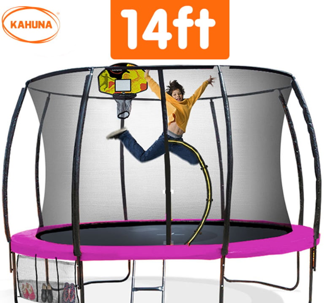 Kahuna 14ft Outdoor Trampoline Kids Children With Safety Enclosure Pad Mat Ladder Basketball Hoop Set - Pink