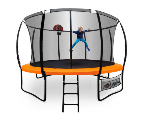 UP-SHOT 16ft Round Kids Trampoline with Curved Pole Design, Basketball Set and Sprinkler Accessory, Black and Orange