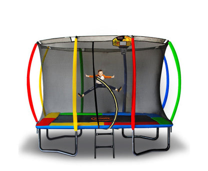 Kahuna 8ft x 11ft Outdoor Rectangular Rainbow Trampoline With Safety Enclosure And Basketball Hoop Set.