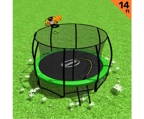 Kahuna 14ft Outdoor Trampoline Kids Children With Safety Enclosure Pad Mat Ladder Basketball Hoop Set - Green