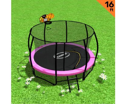 Kahuna 16ft Outdoor Trampoline Kids Children With Safety Enclosure Pad Mat Ladder Basketball Hoop Set - Pink