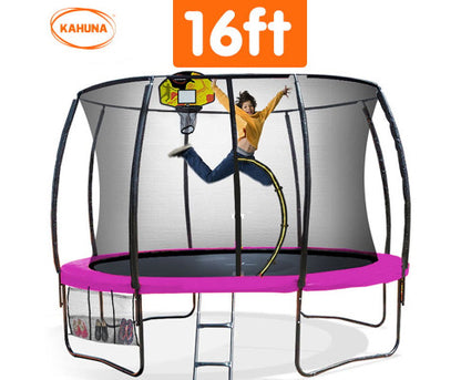 Kahuna 16ft Outdoor Trampoline Kids Children With Safety Enclosure Pad Mat Ladder Basketball Hoop Set - Pink