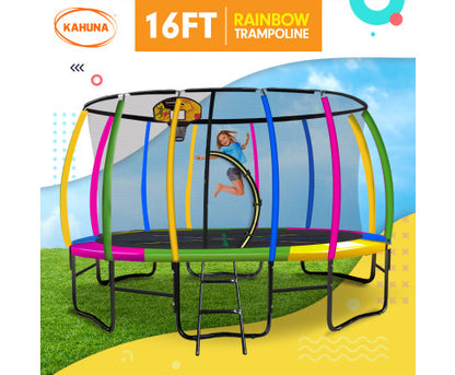 Kahuna 16ft Outdoor Trampoline Kids Children With Safety Enclosure Pad Mat Ladder Basketball Hoop Set - Rainbow
