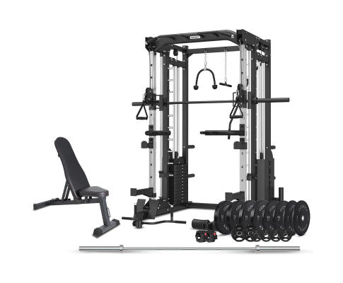 CORTEX SM-25 6-in-1 Power Rack & Cable Machine Bundle: BN6 Bench and 130kg Olympic Weight Plate & Barbell Package