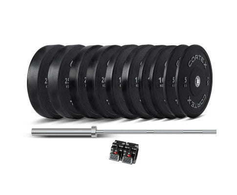 CORTEX 170kg Black Series V2 Rubber Olympic Bumper Plate Set 50mm with SPARTAN205 Barbell