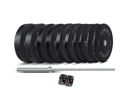 CORTEX 170kg Black Series V2 Rubber Olympic Bumper Plate Set 50mm with SPARTAN205 Barbell