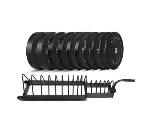 CORTEX 150kg Black Series V2 Rubber Olympic Bumper Plate Set 50mm with 16 Plate Toaster Rack