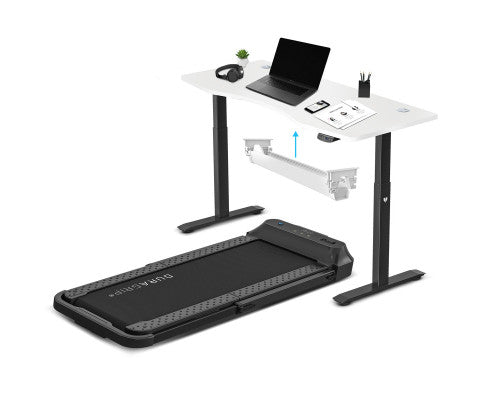 Lifespan Fitness V-FOLD Treadmill with ErgoDesk Automatic Standing Desk 1800mm in White/Black with Cable Management
