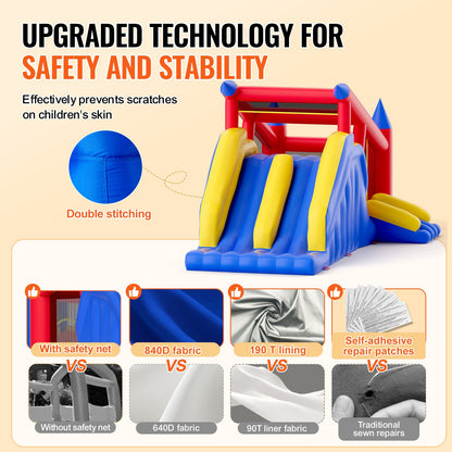 VEVOR Inflatable Bounce House, Outdoor High Quality Playhouse Trampoline, Jumping Bouncer with Blower, Slide, and Storage Bag, Family Backyard Bouncy Castle, for Kid Ages 3_8 Years, 4.6x2.6x2.3m