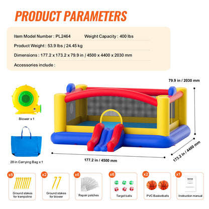 VEVOR Inflatable Bounce House, Outdoor High Quality Playhouse Trampoline, Jumping Bouncer with Blower, Slide, and Storage Bag, Family Backyard Bouncy Castle, for Kid Ages 3_10 Years, 4.5x4.4x2m