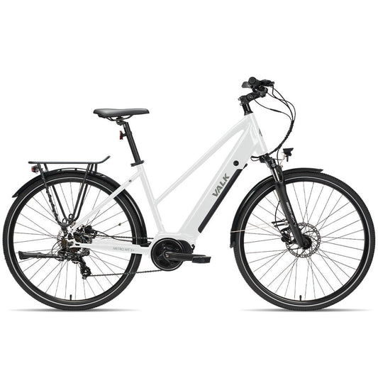 VALK Metro MT 5 + Electric Hybrid Bike, Mid-Drive, Mixte Frame, Medium, White