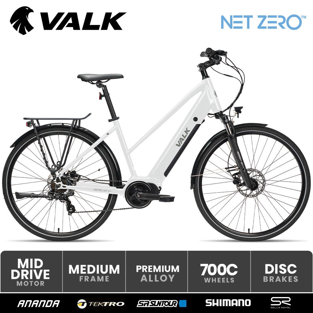 VALK Metro MT 5 + Electric Hybrid Bike, Mid-Drive, Mixte Frame, Medium, White