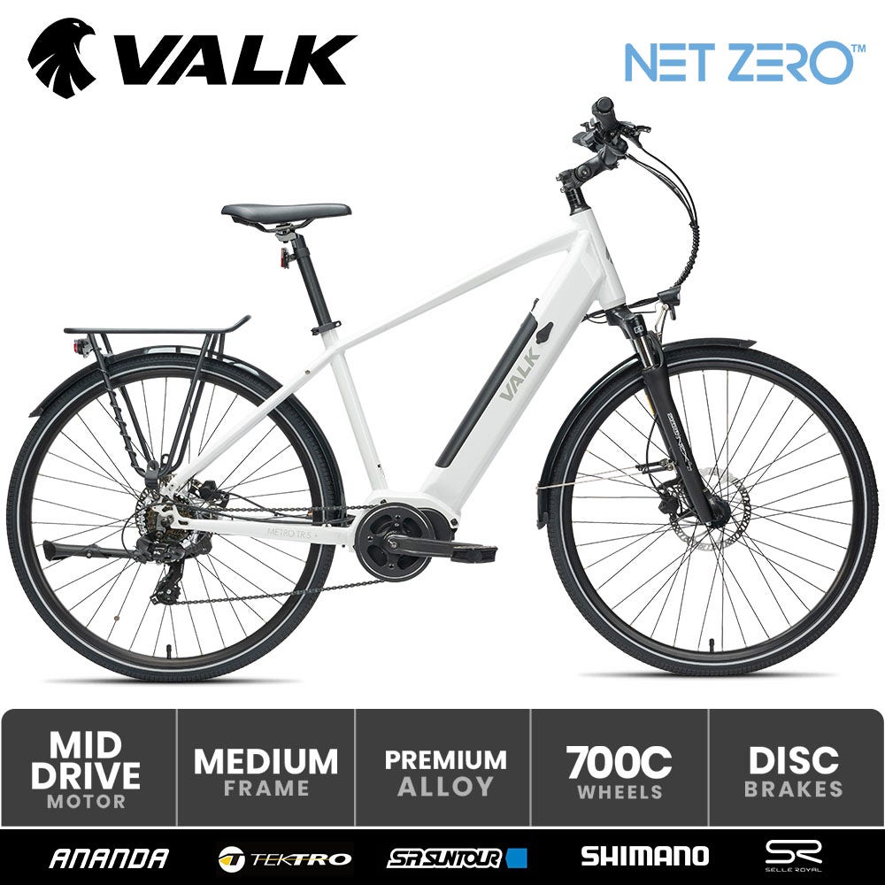 VALK Metro TR 5 + Electric Hybrid Bike, Gen II, Mid-Drive, Large, White